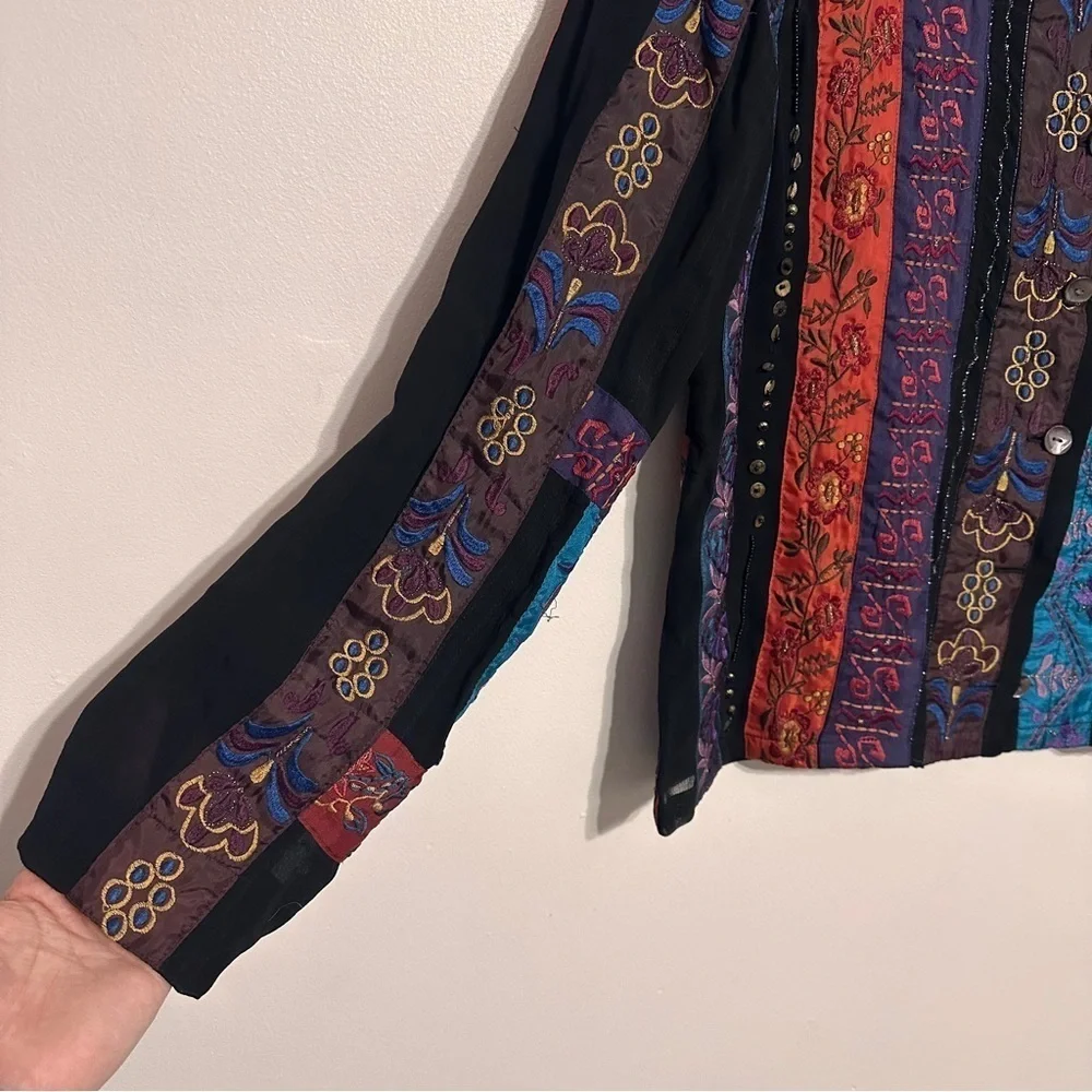 Chicos Boho Patchwork Appliqué Colorful Rayon Button Down Jacket Top Medium